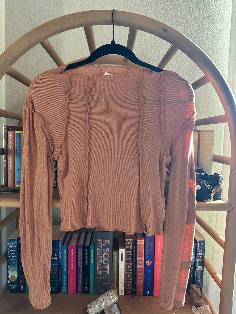 Elodie Rust Ribbed-Detail Long Sleeve Top